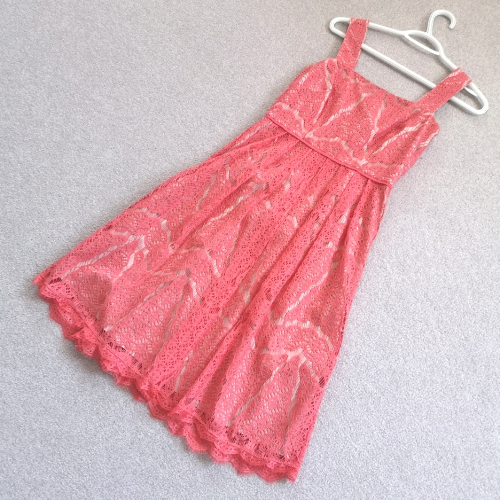 Adrianna Papell Lace Dress in Coral Red Pink